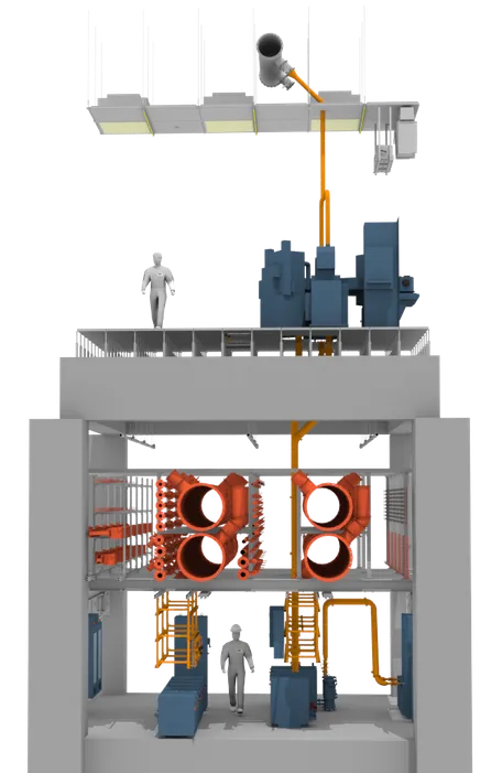 Cross section of a semiconductor fab showing cleanroom and subfab levels managed with SemiSoft